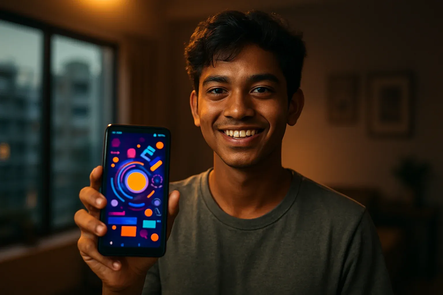 Young Bangladeshi man smiling, holding smartphone with colorful gaming app interface
