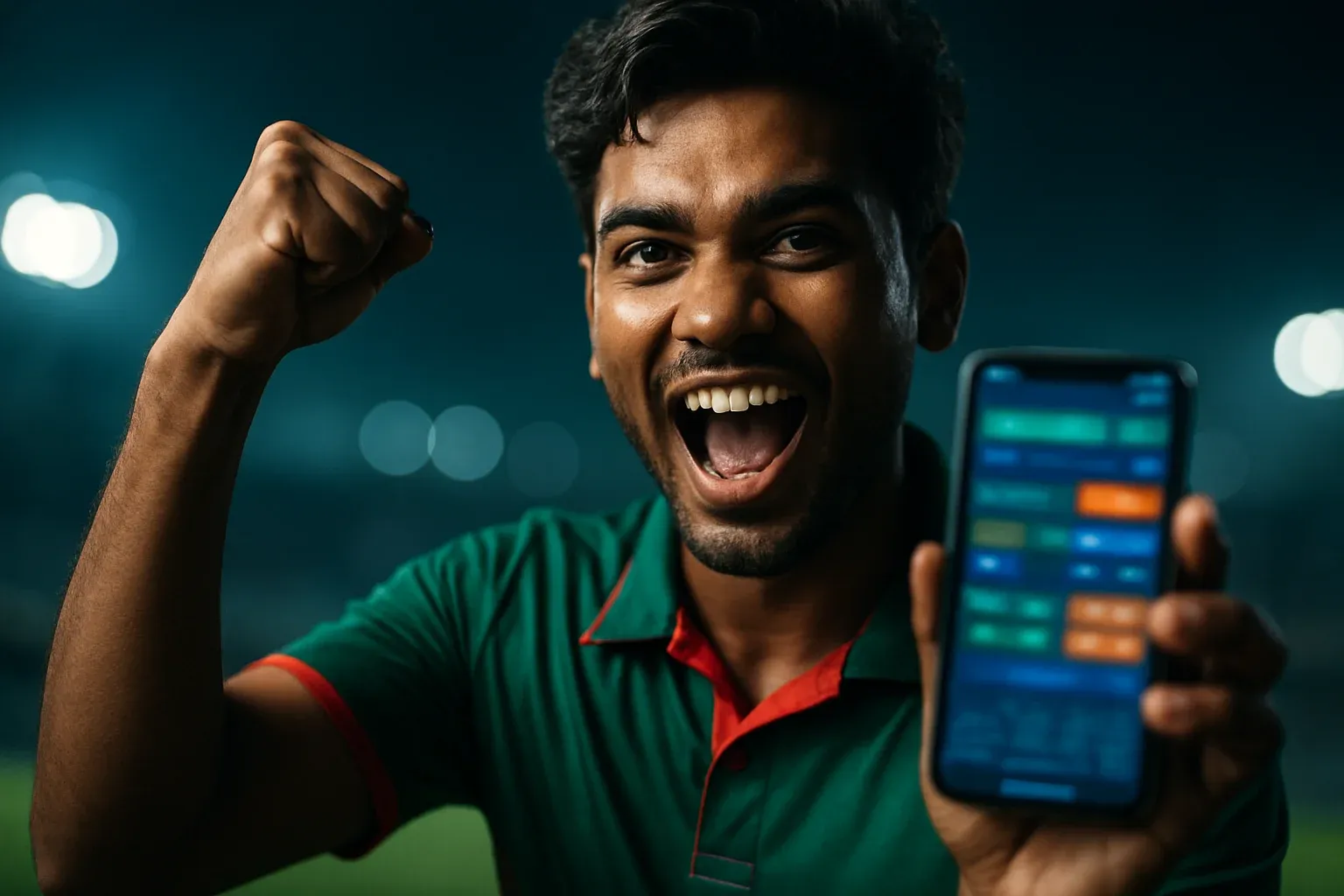 Excited Bangladeshi man cheering with smartphone showing sports betting interface