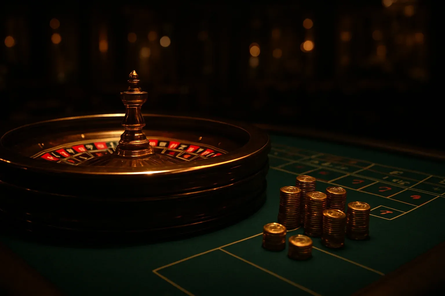 Elegant live casino table with glowing roulette wheel and golden chips
