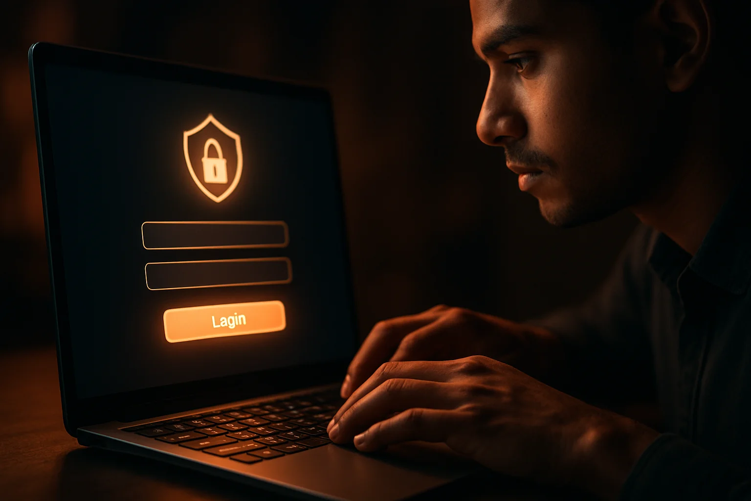 Young Bangladeshi man's hands on laptop showing stylized login form