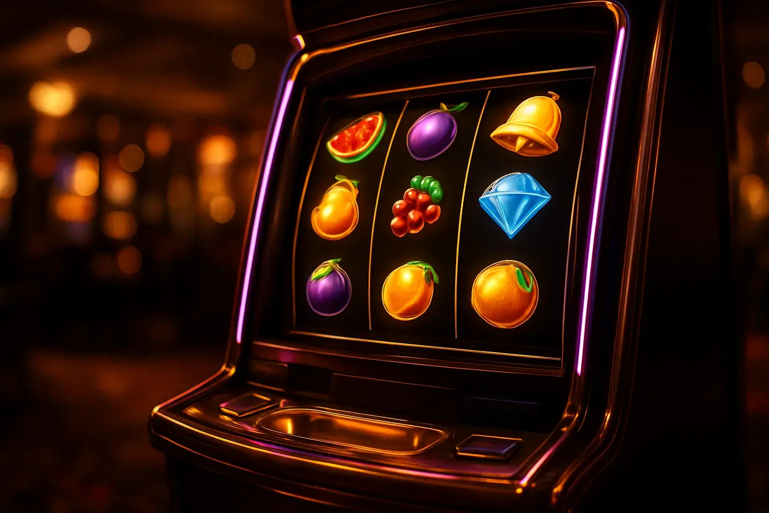 Premium slot machine with three reels in a dark luxury casino